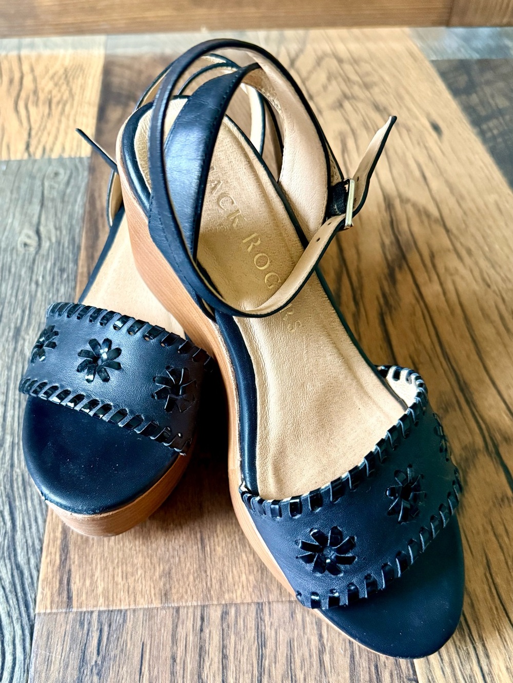 Jack Rogers Black Leather Floral Cutout Wedge Sandals